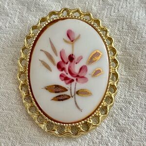 Estate sale vintage Gold-Trimmed Floral Porcelain Brooch - Pink & Gold